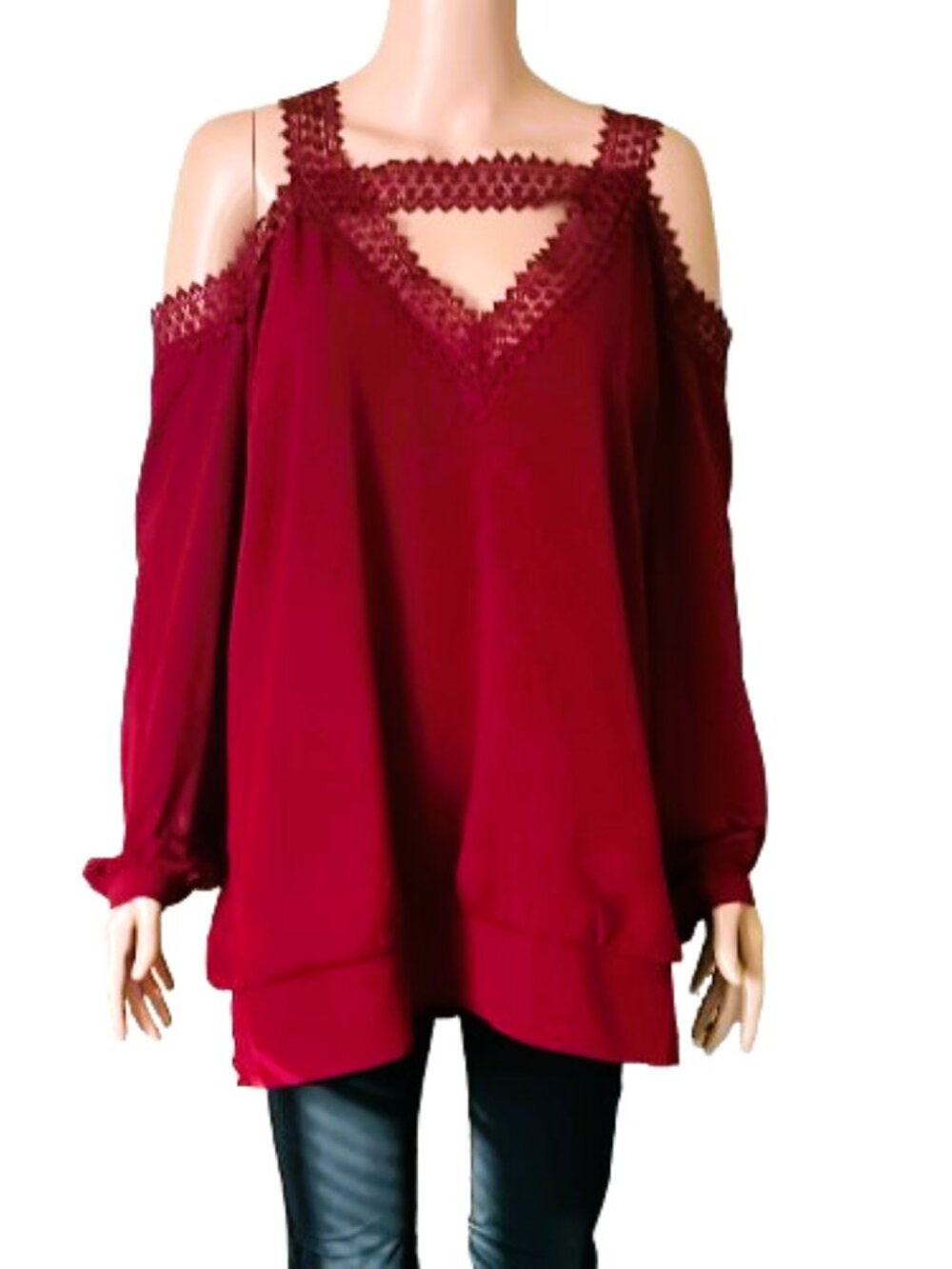 City Chic Cold Shoulder Blouson Top M/18 Women's Burgundy Lace Trim Blouse
